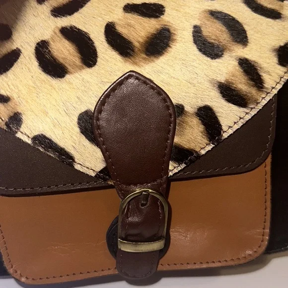 Leopard Hide and Leather Crossbody Satchel Purse - Picture 6 of 12